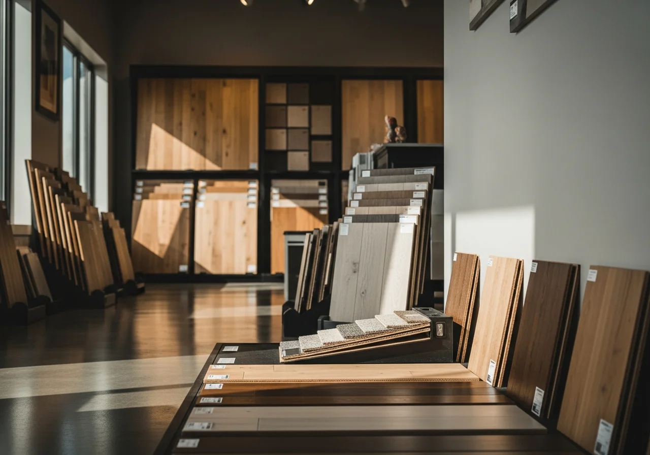 Flooring showroom interior displaying hardwood, carpet, and vinyl plank samples arranged on display walls and floor.
