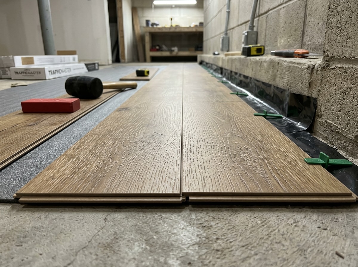 Vinyl plank flooring installed in a finished Plainfield basement