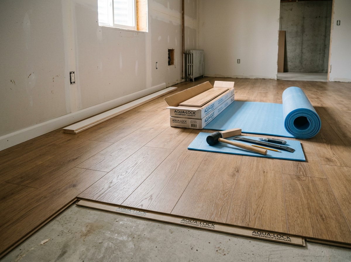 Waterproof laminate flooring installation in a basement rec room