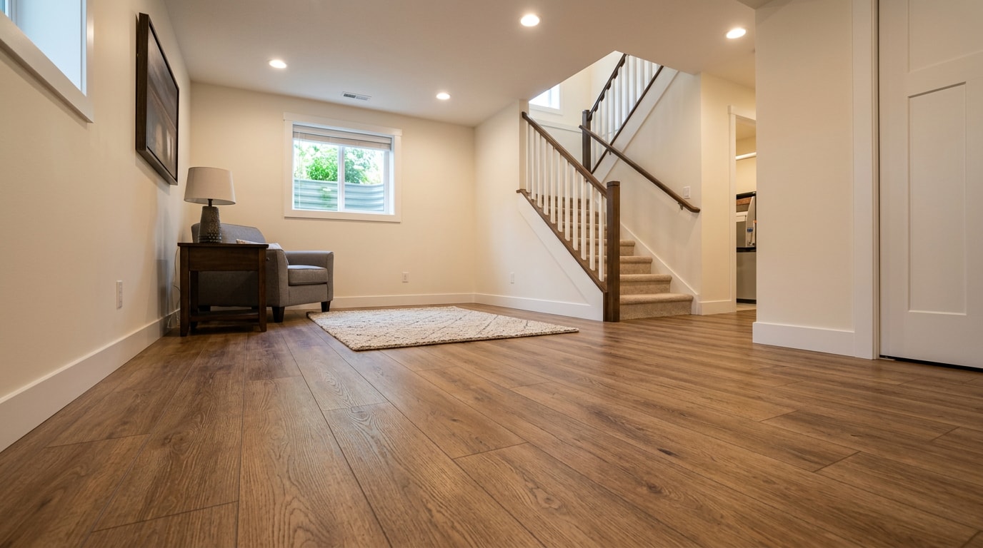 Finished basement with luxury vinyl plank flooring installed by a Plainfield, IL flooring company Finished basement with luxury vinyl plank flooring installed by a Plainfield, IL flooring company