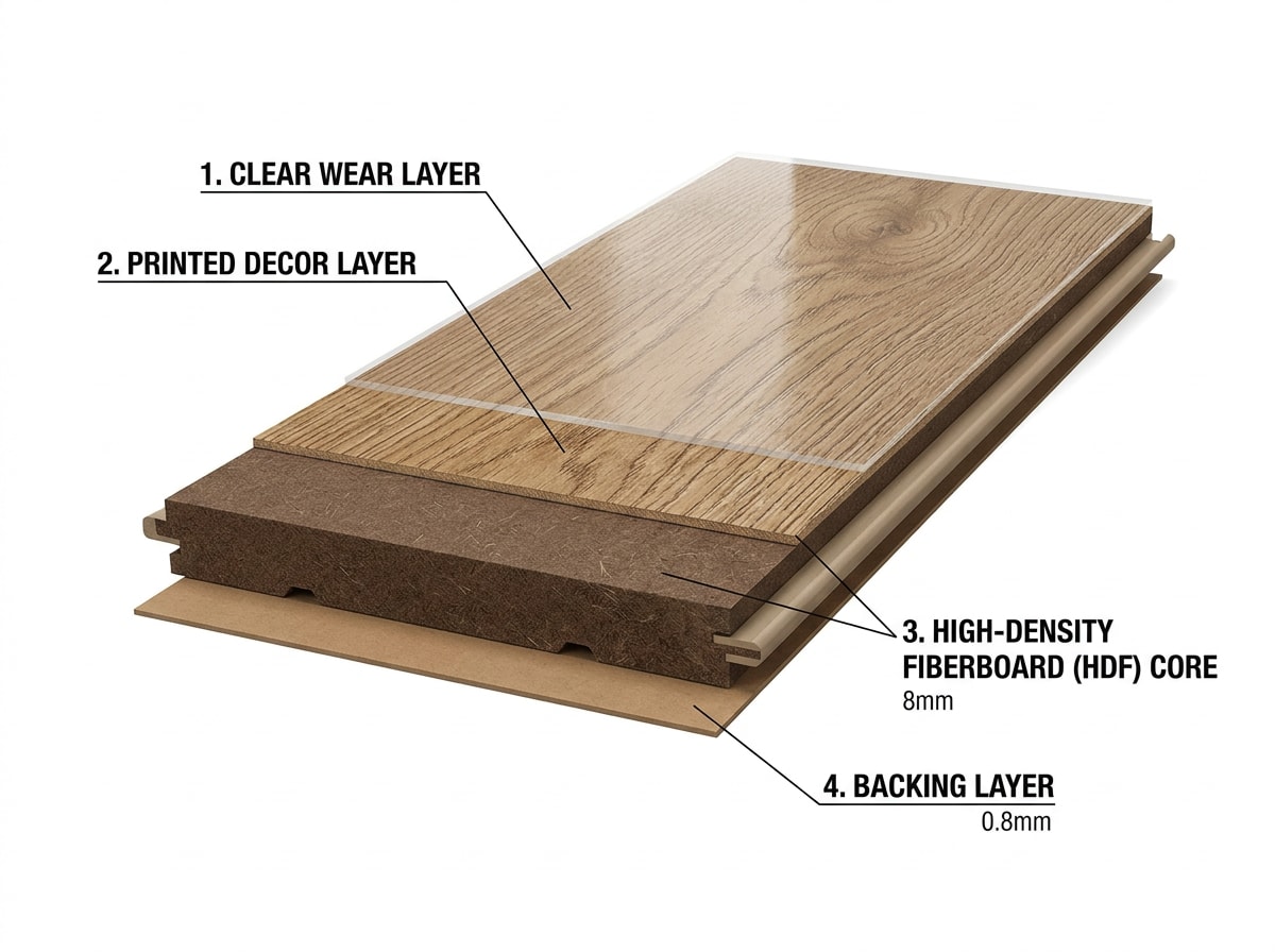 Cross-section diagram of a laminate plank showing the HDF core, wear layer, and water-resistant coating