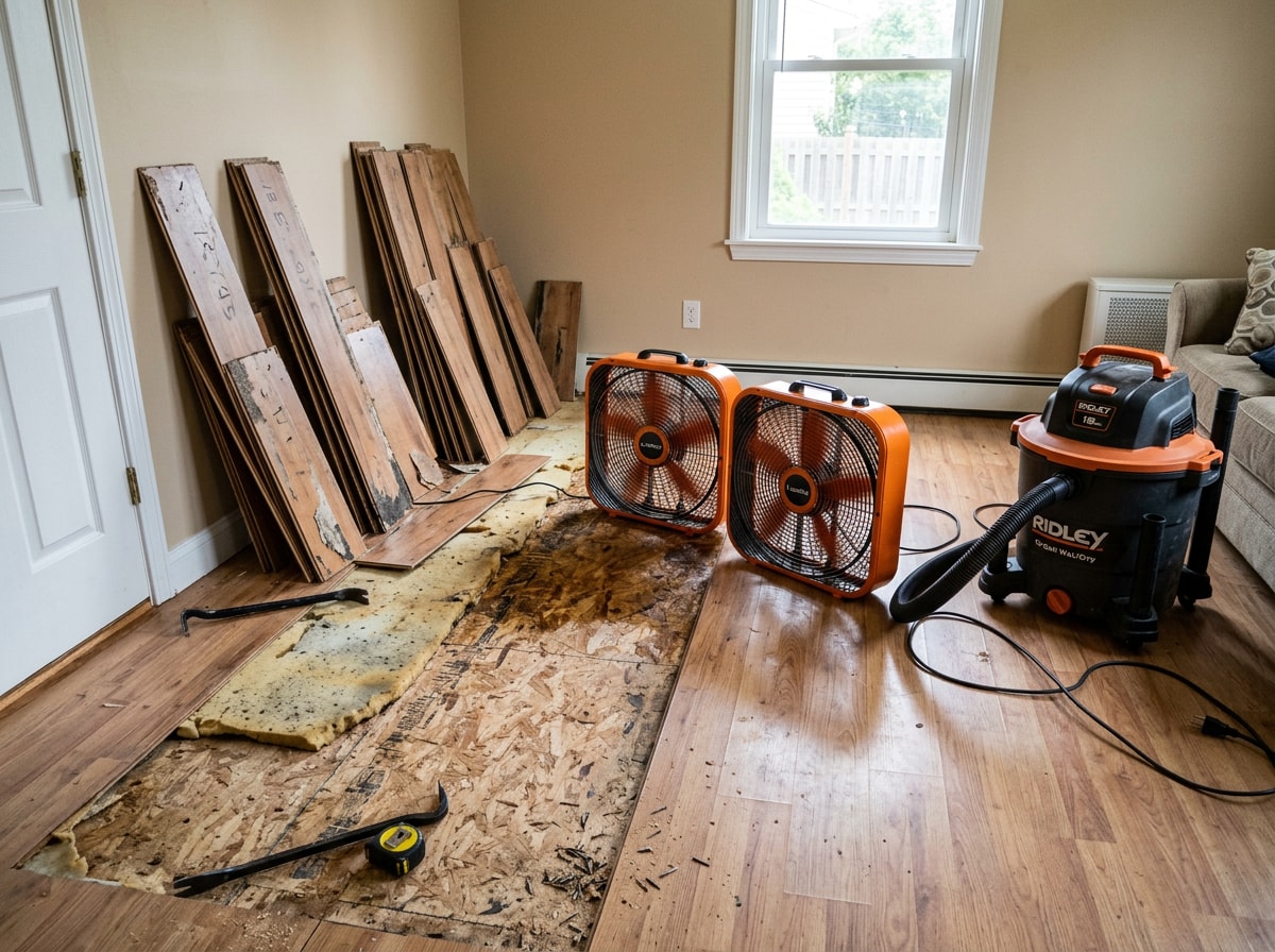 Wet/dry vacuum and box fans drying lifted laminate planks after a water leak