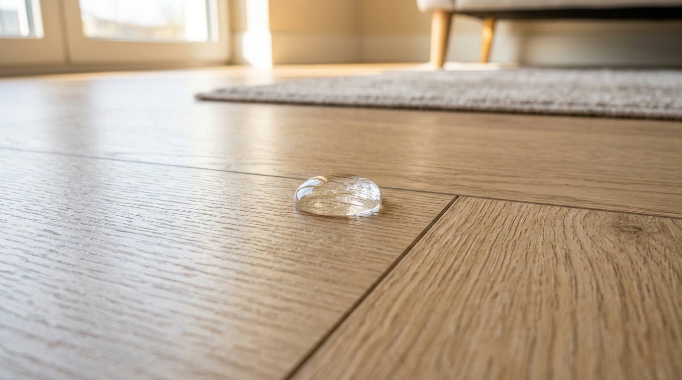 Water droplets beading on laminate flooring planks in a home Water droplets beading on laminate flooring planks in a home