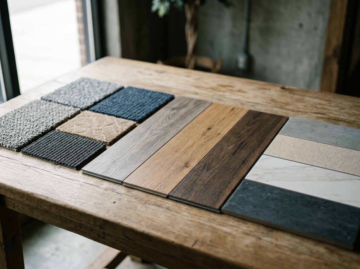 Commercial flooring brand samples including carpet tile, luxury vinyl, and porcelain tile