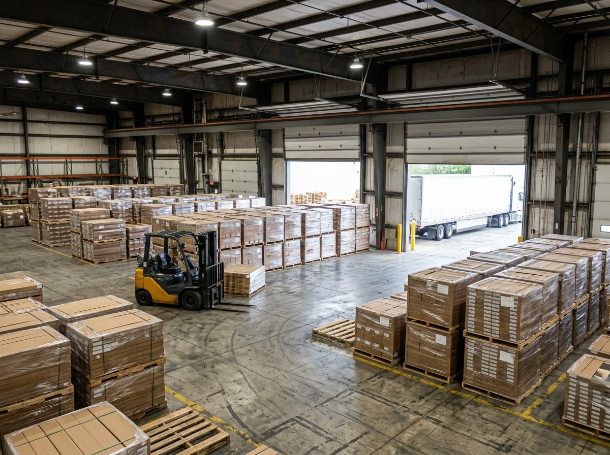 Warehouse staging area for commercial flooring delivery