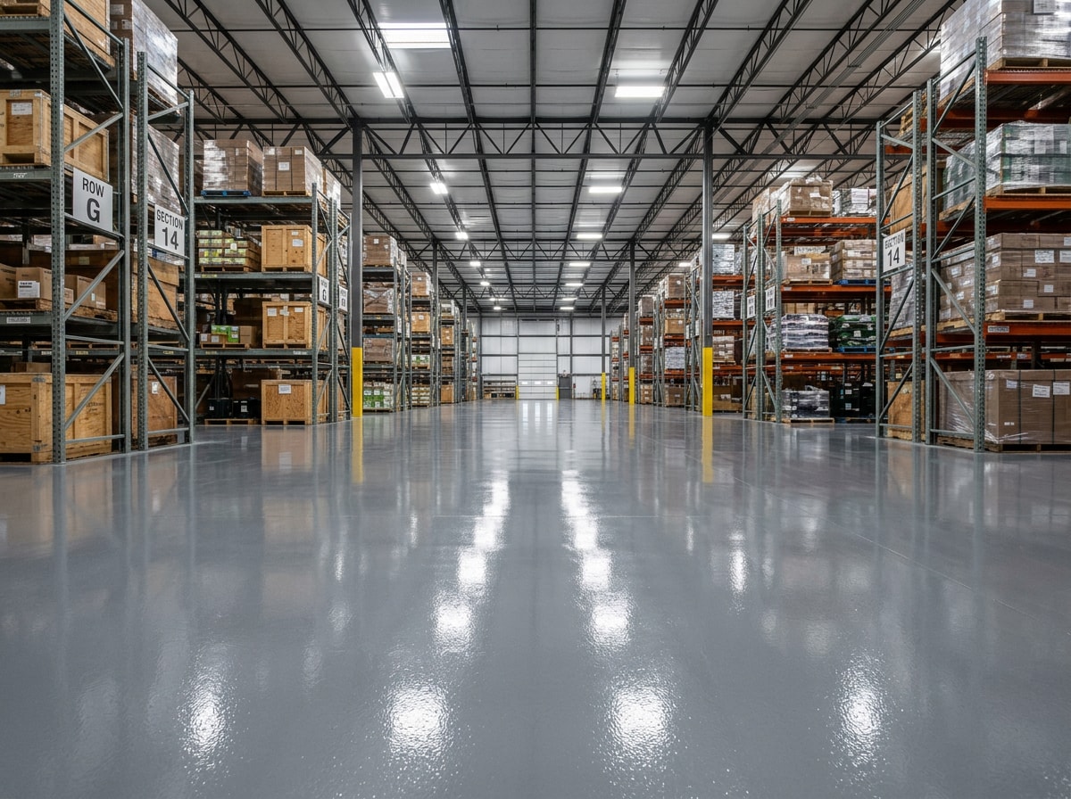 Finished industrial epoxy flooring in a commercial warehouse setting