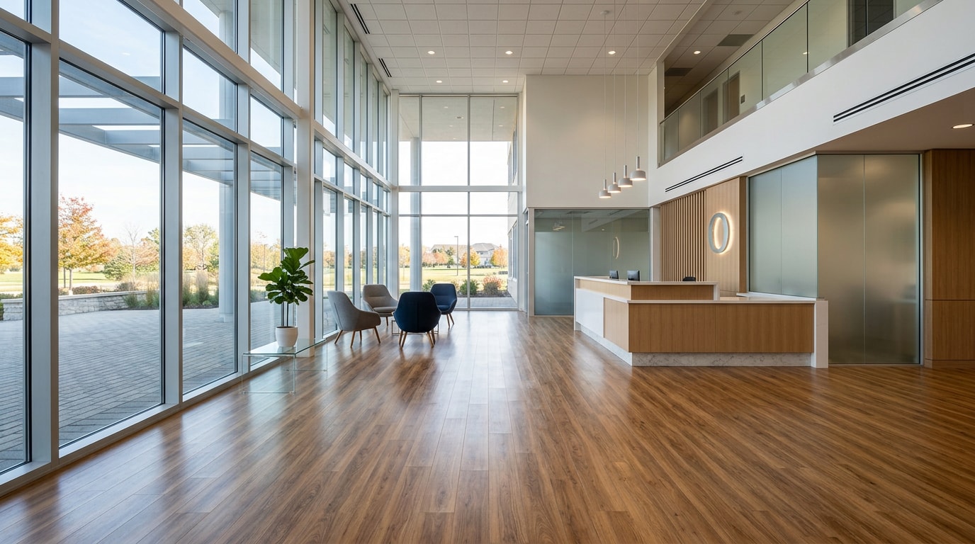 Finished commercial flooring installation in an Illinois office lobby Finished commercial flooring installation in an Illinois office lobby