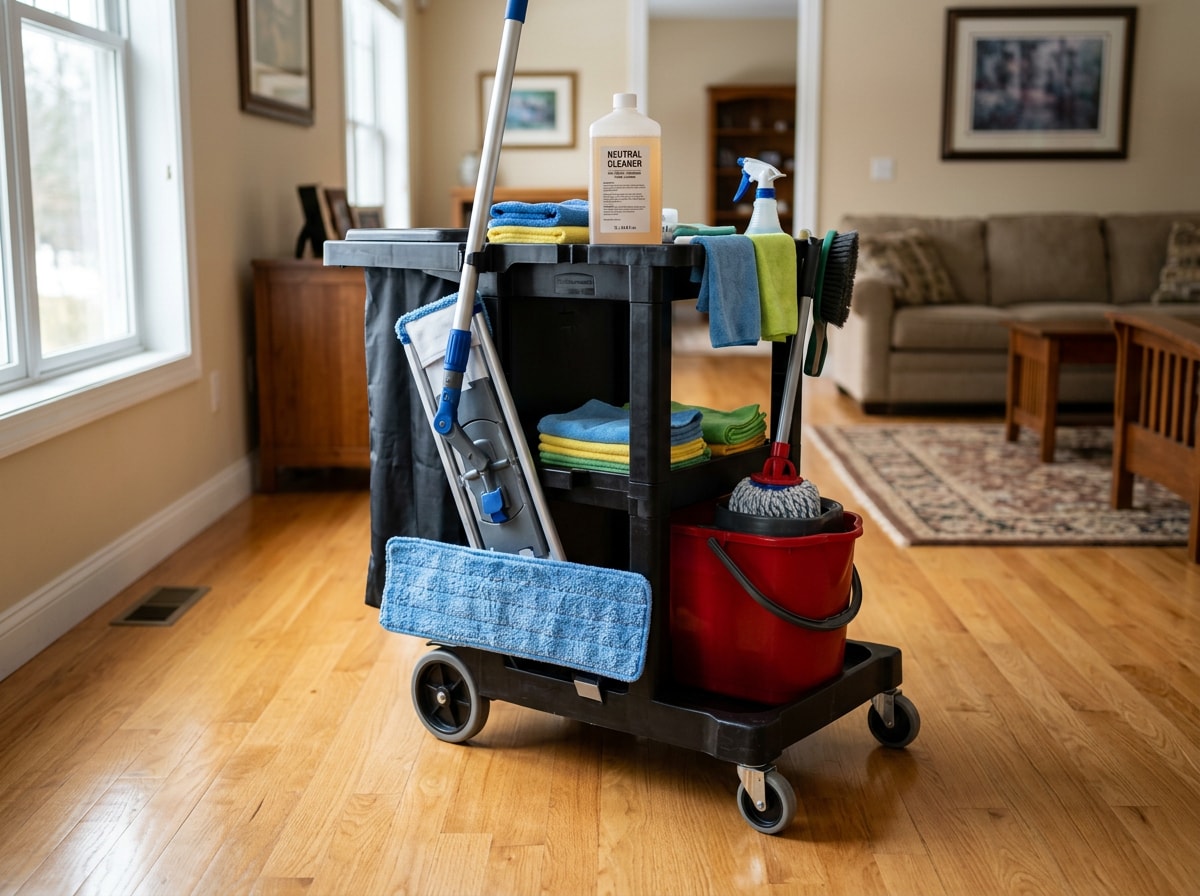 Technician performing a residue-free hardwood floor cleaning process in a St. Charles home