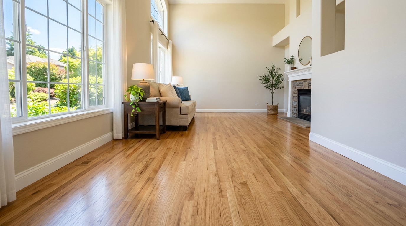 Freshly cleaned hardwood floor in a sunlit St. Charles, IL living room