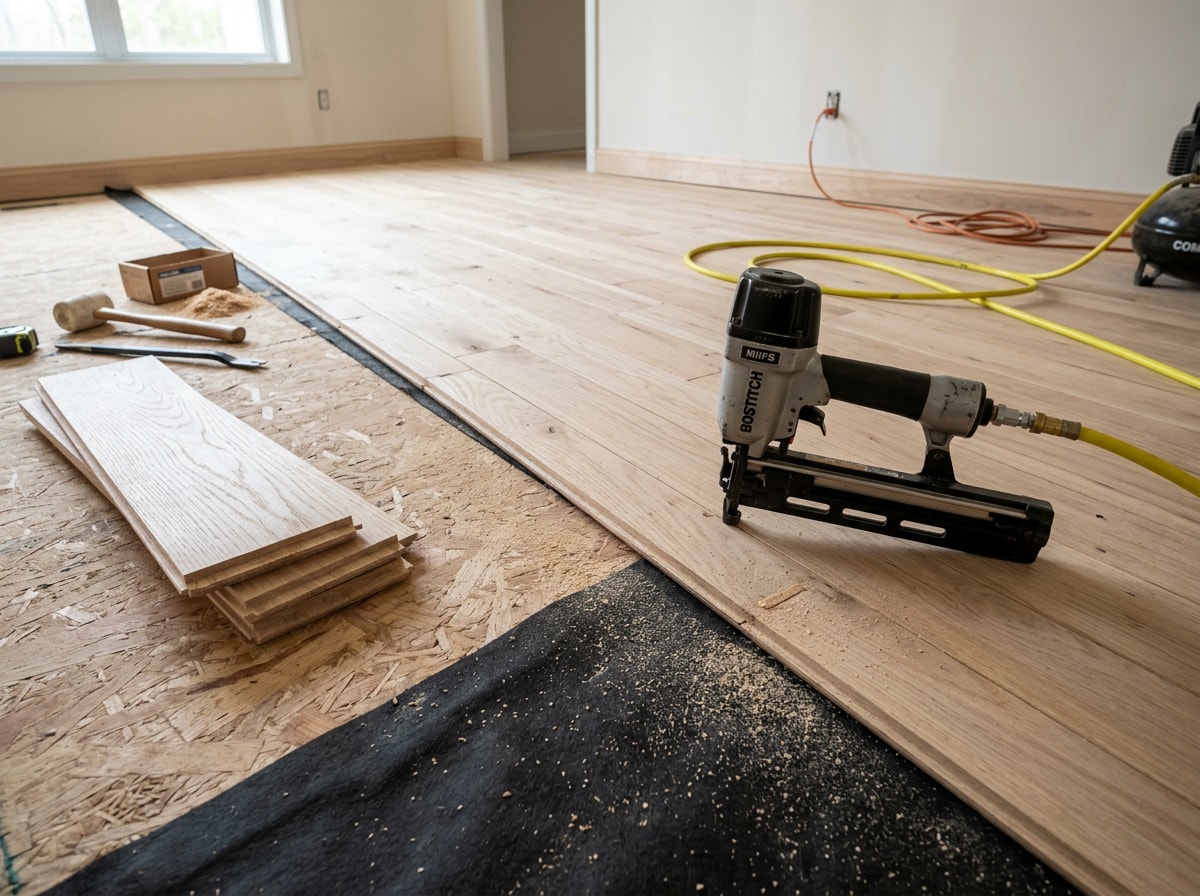 Installer finishing a row of solid hardwood planks on a job site