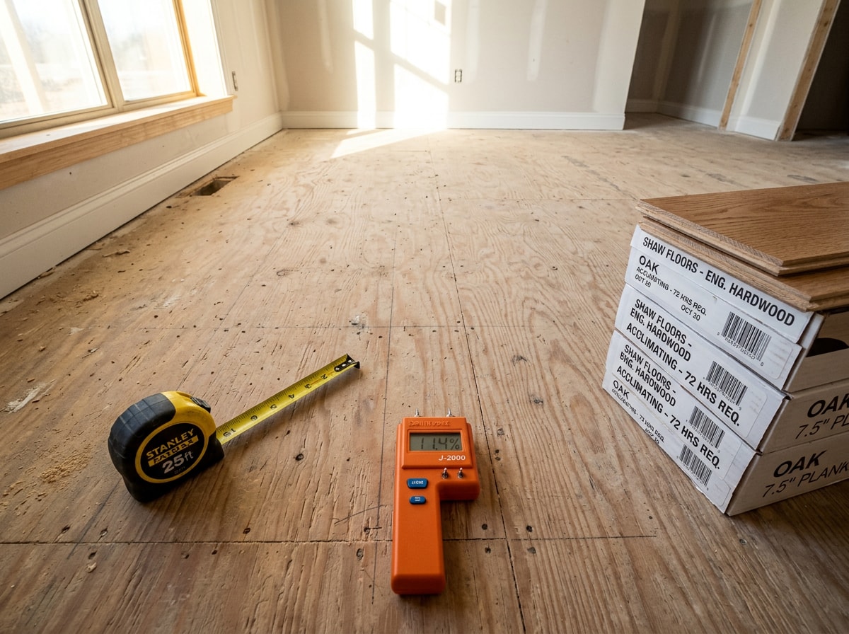 Moisture meter and stacked hardwood boxes acclimating on a subfloor before installation