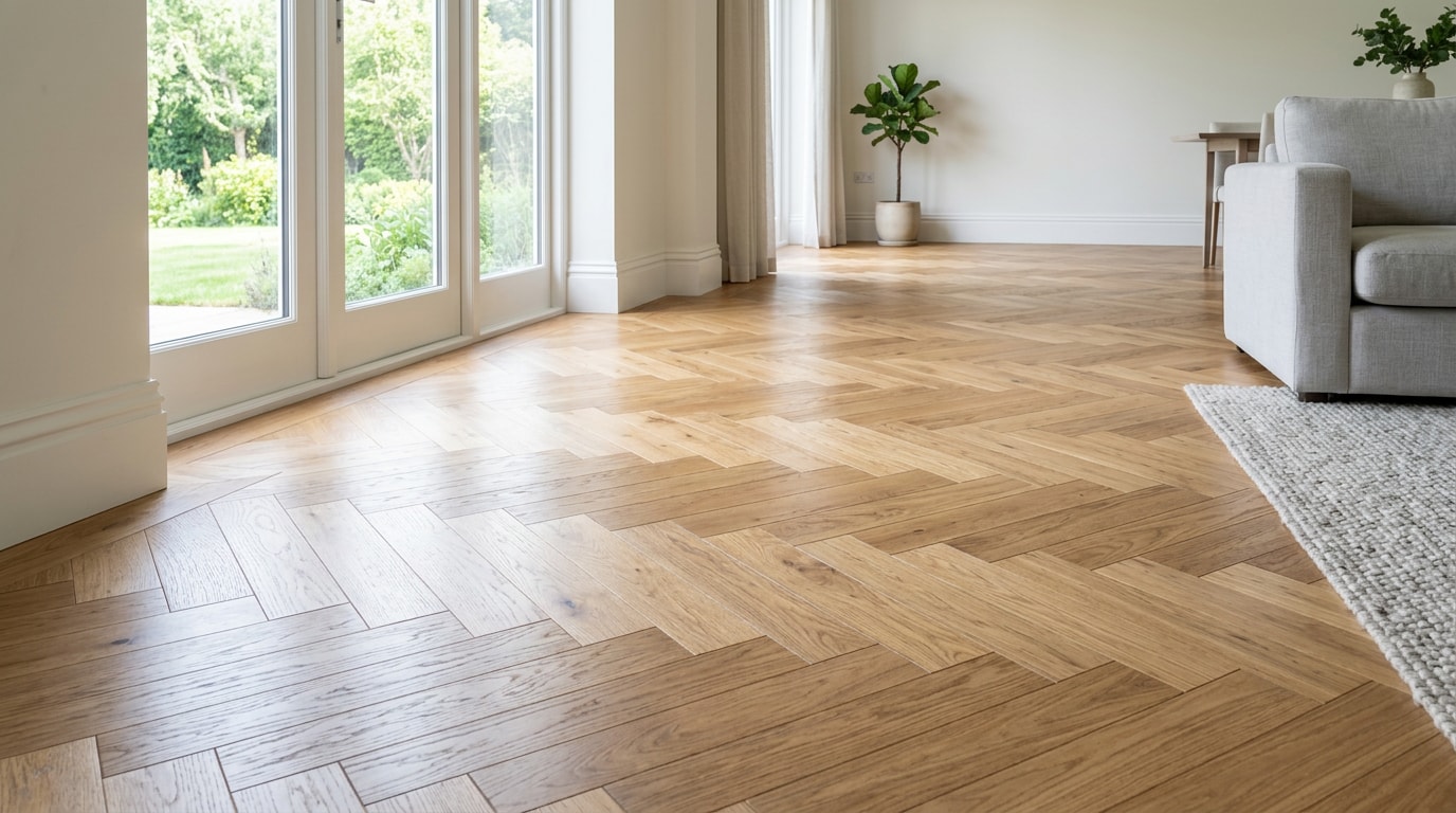 Freshly installed engineered hardwood flooring in a bright Aurora, IL living room
