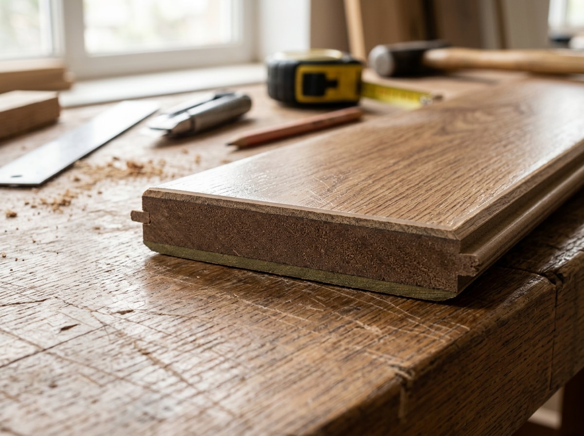 Close-up of laminate flooring plank cross-section showing wear layer, core, and backing