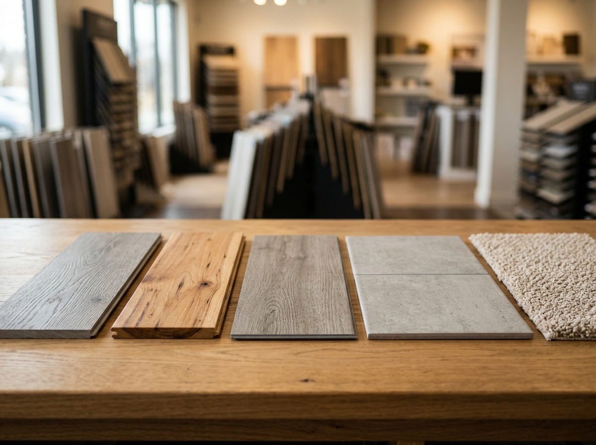 Side-by-side laminate, hardwood, vinyl plank, tile, and carpet flooring samples arranged for comparison