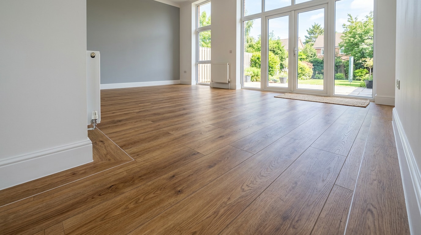 Finished laminate flooring installation in a bright Naperville, IL living room