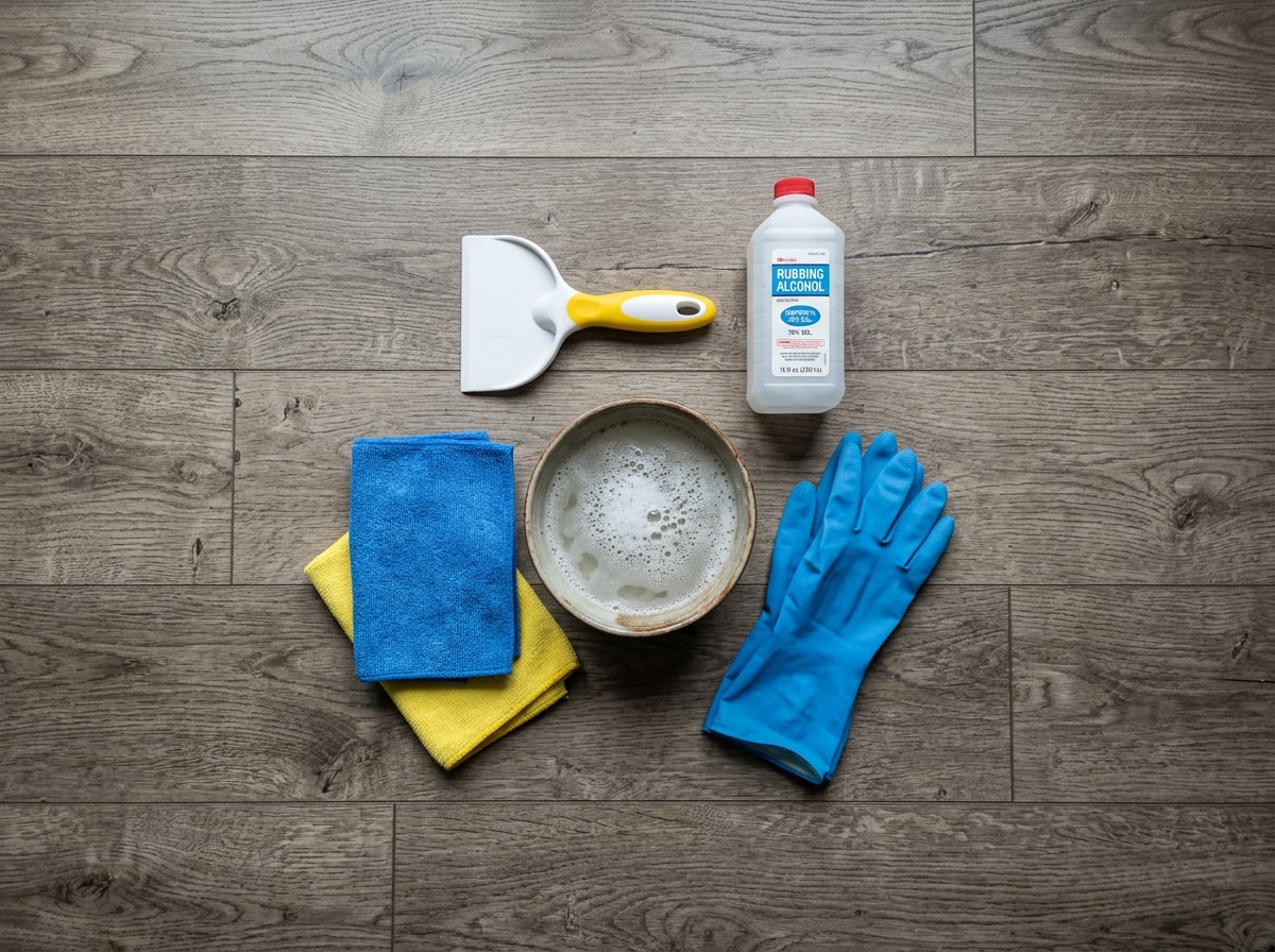 Flat-lay of tools to remove paint from vinyl flooring including plastic scraper, rubbing alcohol, and dish soap