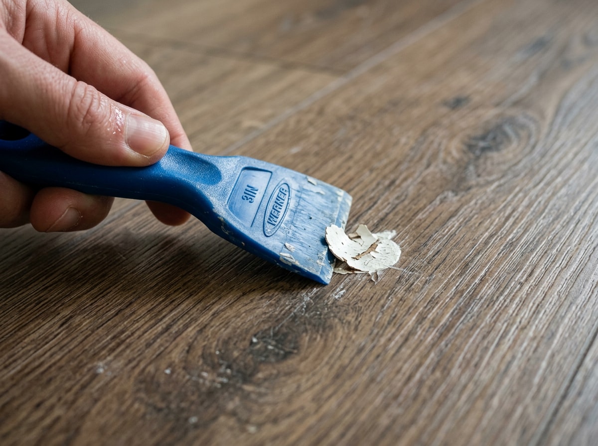 Low-angle plastic scraper technique for removing dried paint from vinyl plank flooring