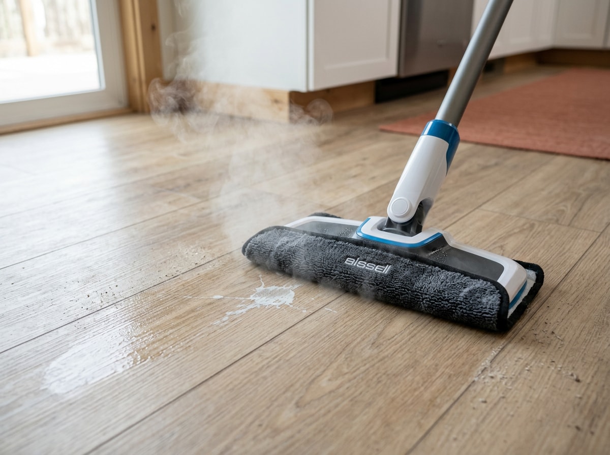 Steam mop lifting dried paint splatter from vinyl plank flooring during cleanup
