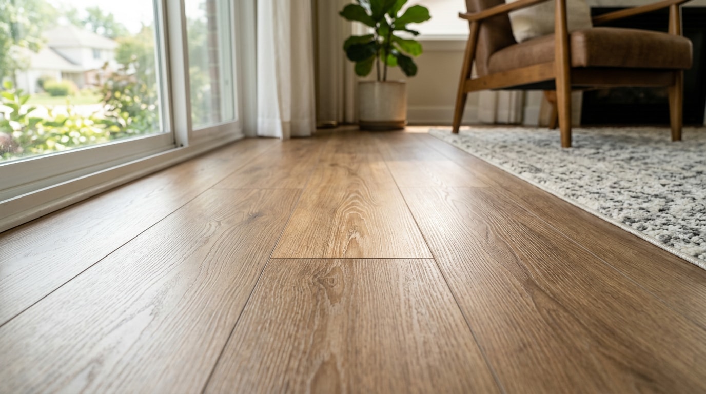 Clean vinyl plank flooring in a bright Huntley, IL living room after paint removal Clean vinyl plank flooring in a bright Huntley, IL living room after paint removal