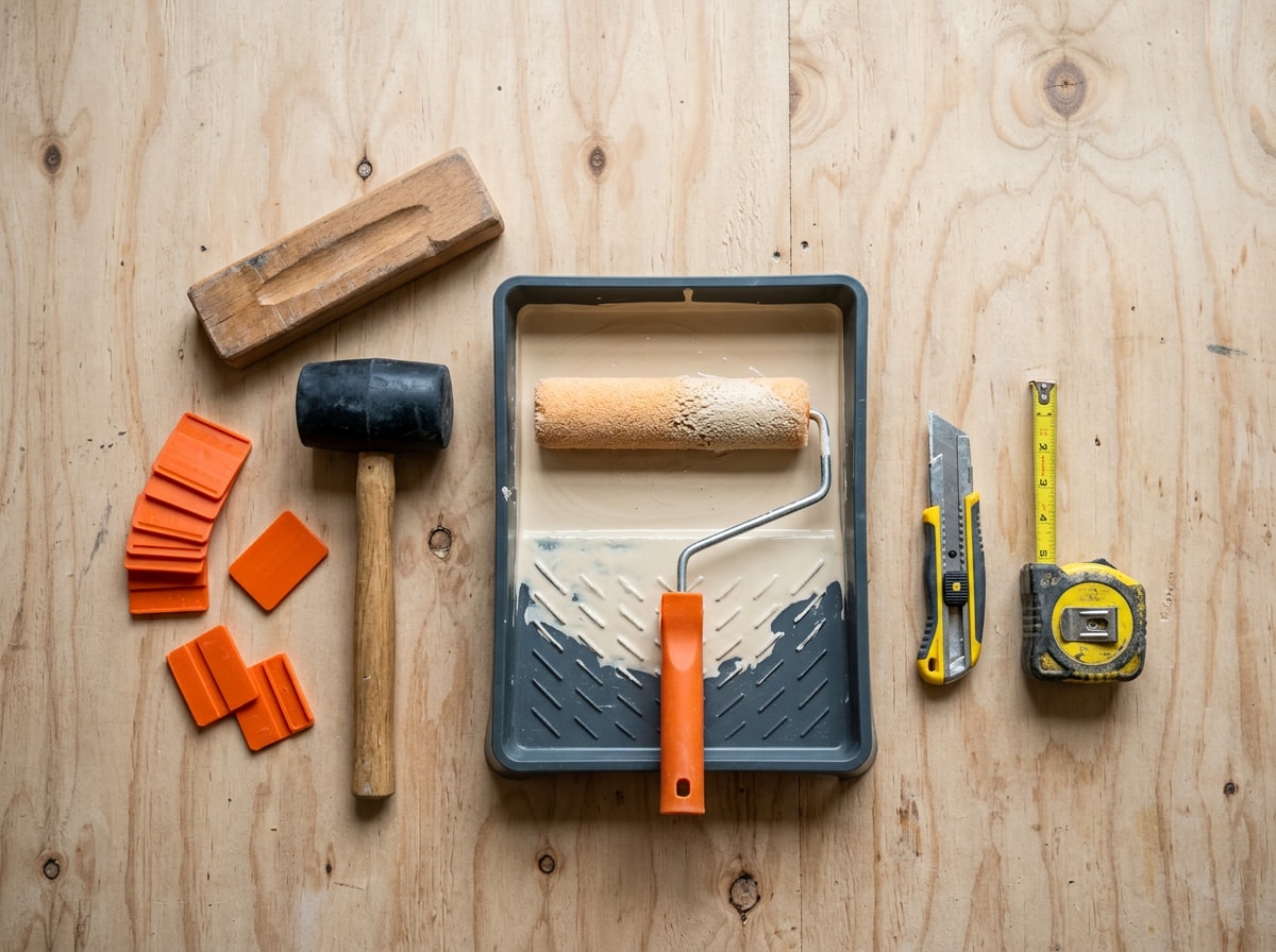 Cork flooring installation tools laid out including tapping block, spacers, and a roller