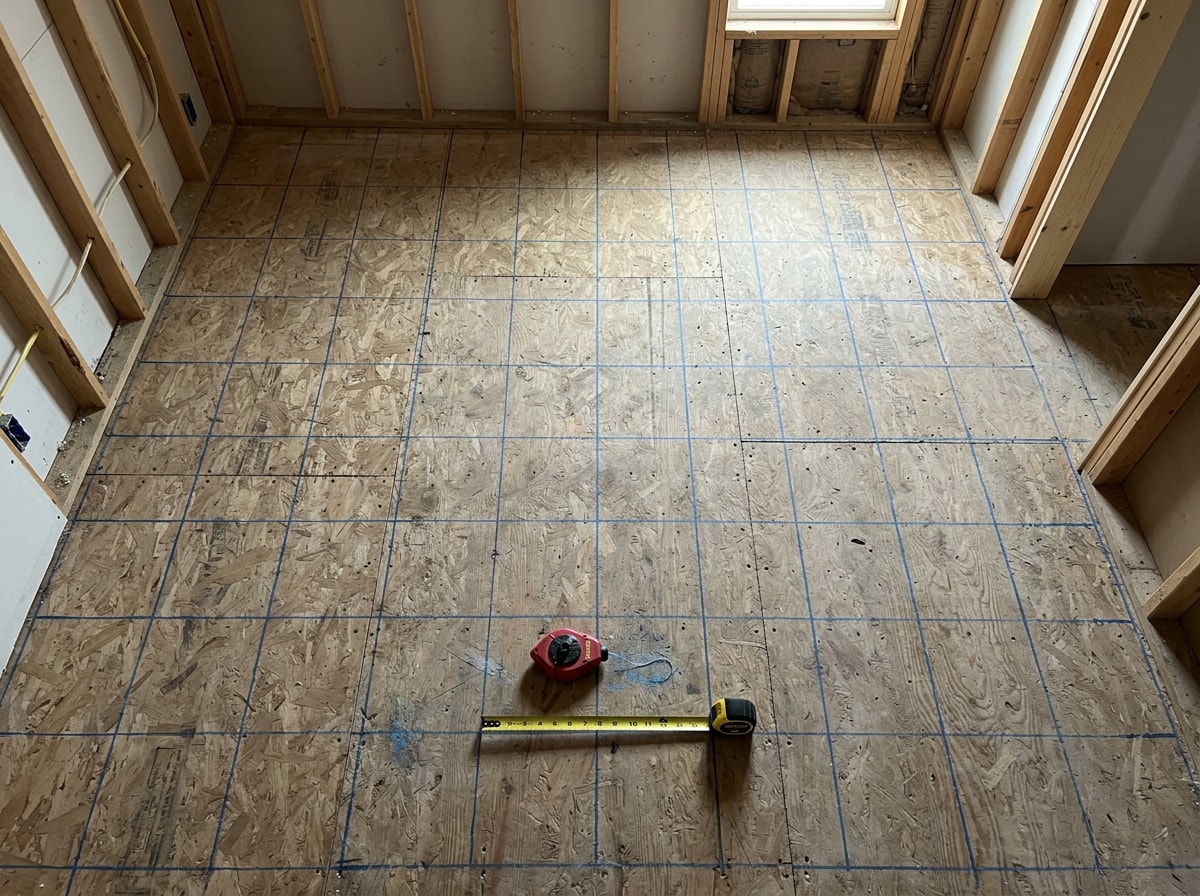 Chalk line layout across a room floor showing plank direction before installation