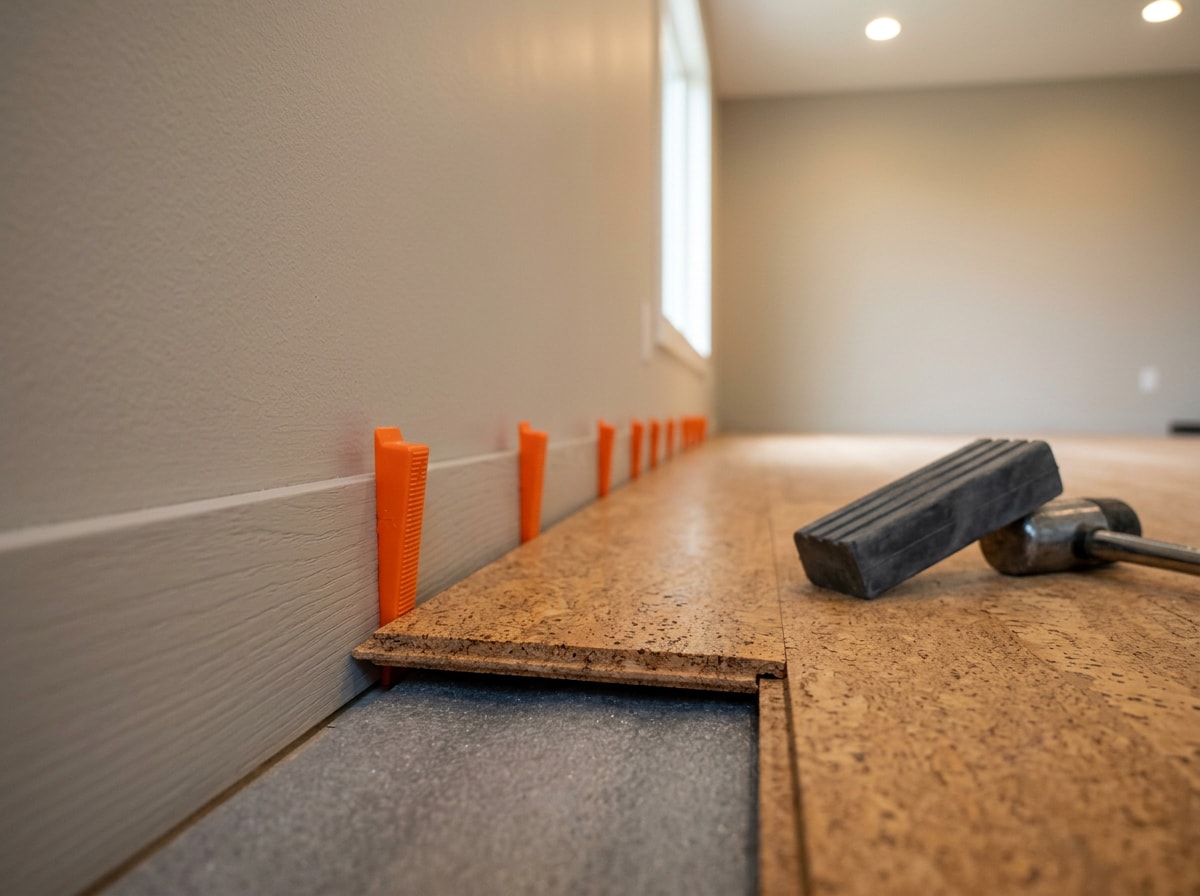 Installer fitting a cork plank into place along a wall with spacers visible