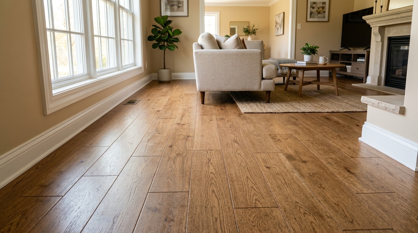 Finished cork plank flooring installed in a bright living room Finished cork plank flooring installed in a bright living room