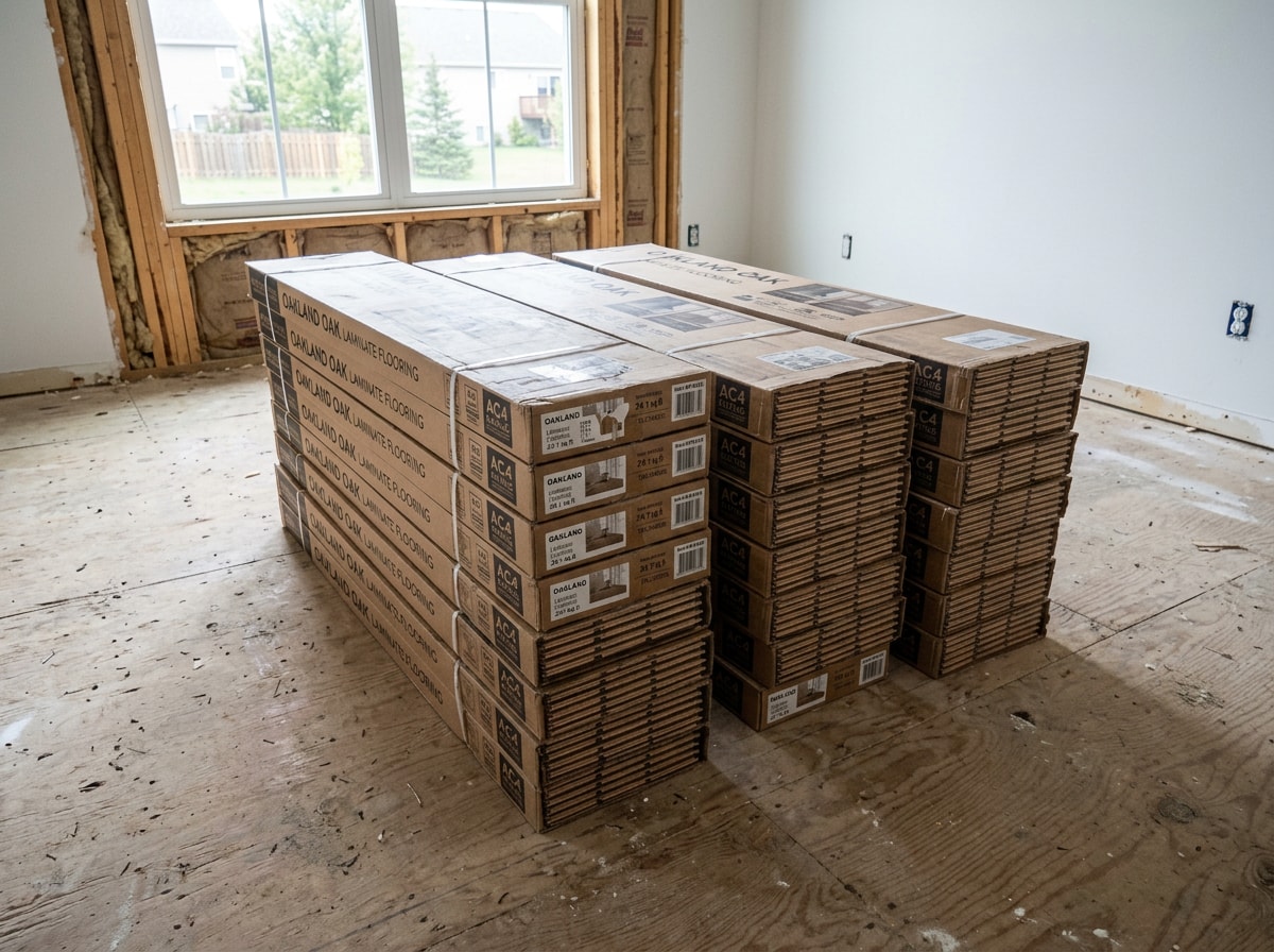 Unopened laminate flooring boxes stacked flat inside a living room during acclimation