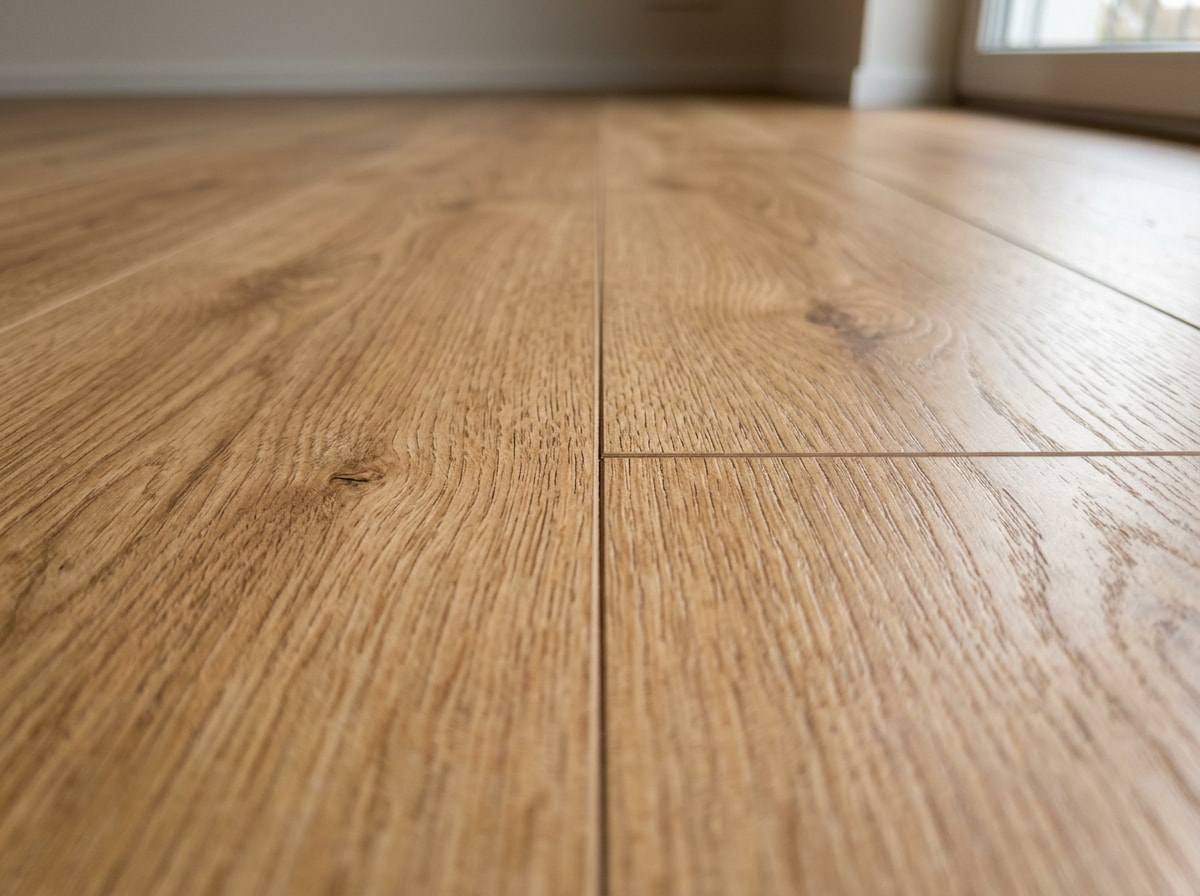Close-up of finished laminate flooring with tight, gap-free seams