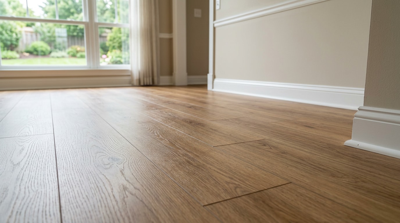 Freshly installed laminate flooring in an Arlington Heights living room Freshly installed laminate flooring in an Arlington Heights living room