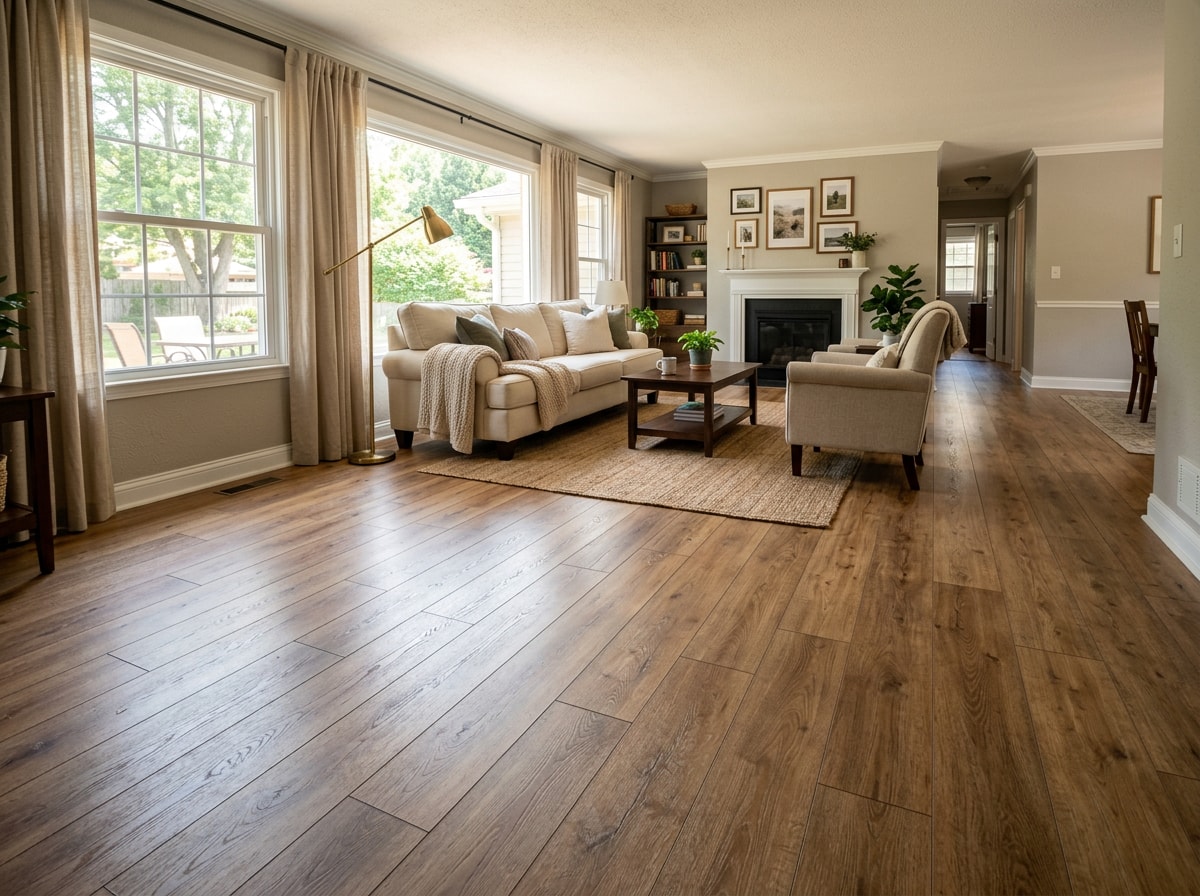 Finished laminate plank flooring installed in an Oak Brook living room