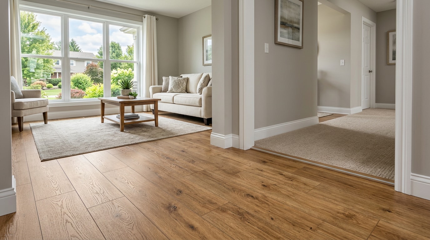Finished laminate wood-look flooring installed in an Oak Brook, IL living room Finished laminate wood-look flooring installed in an Oak Brook, IL living room