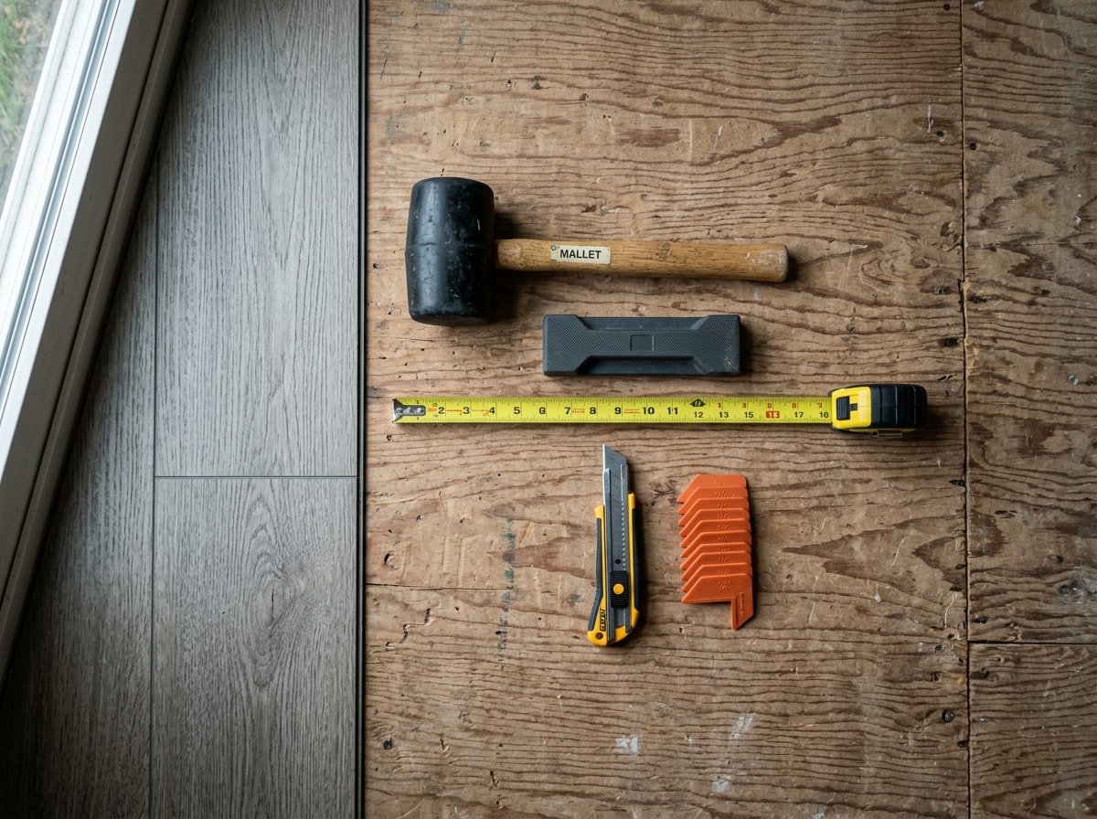 Flat-lay of vinyl plank flooring installation tools including tapping block, rubber mallet, and utility knife