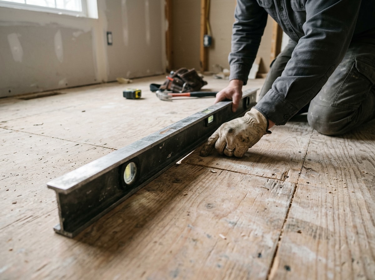 Technician checking subfloor level with a long level before vinyl plank flooring installation