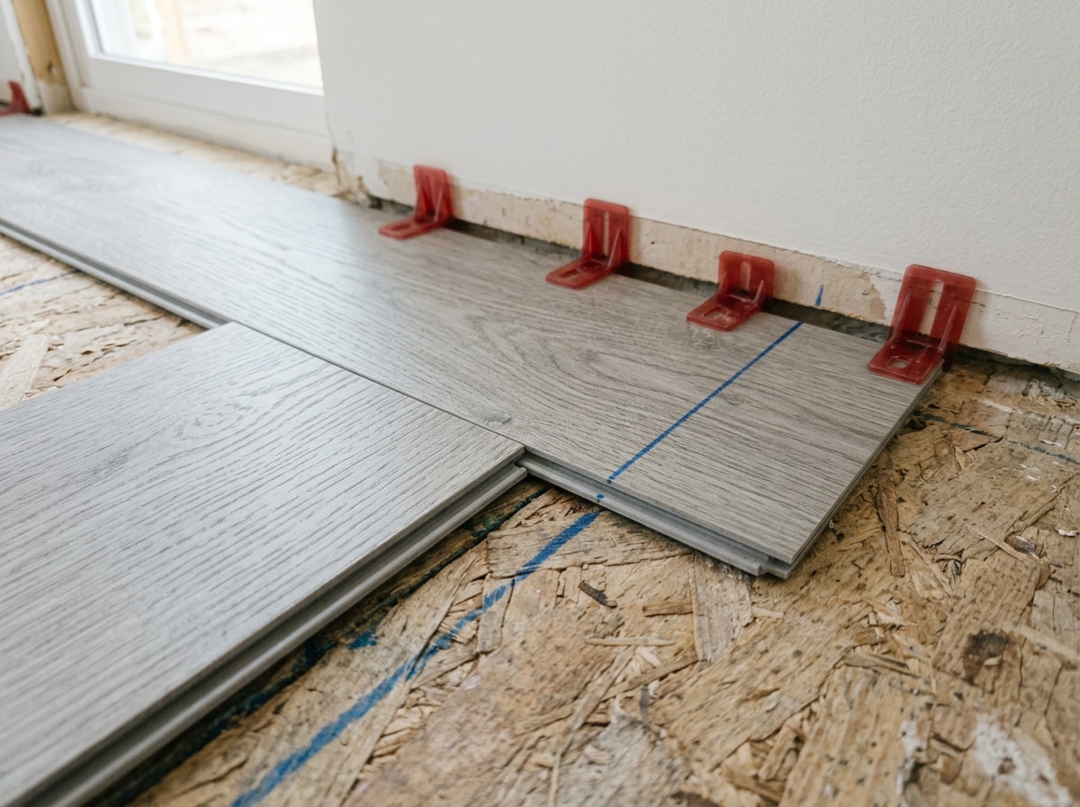 First row of click-lock vinyl plank flooring being placed against a chalk line