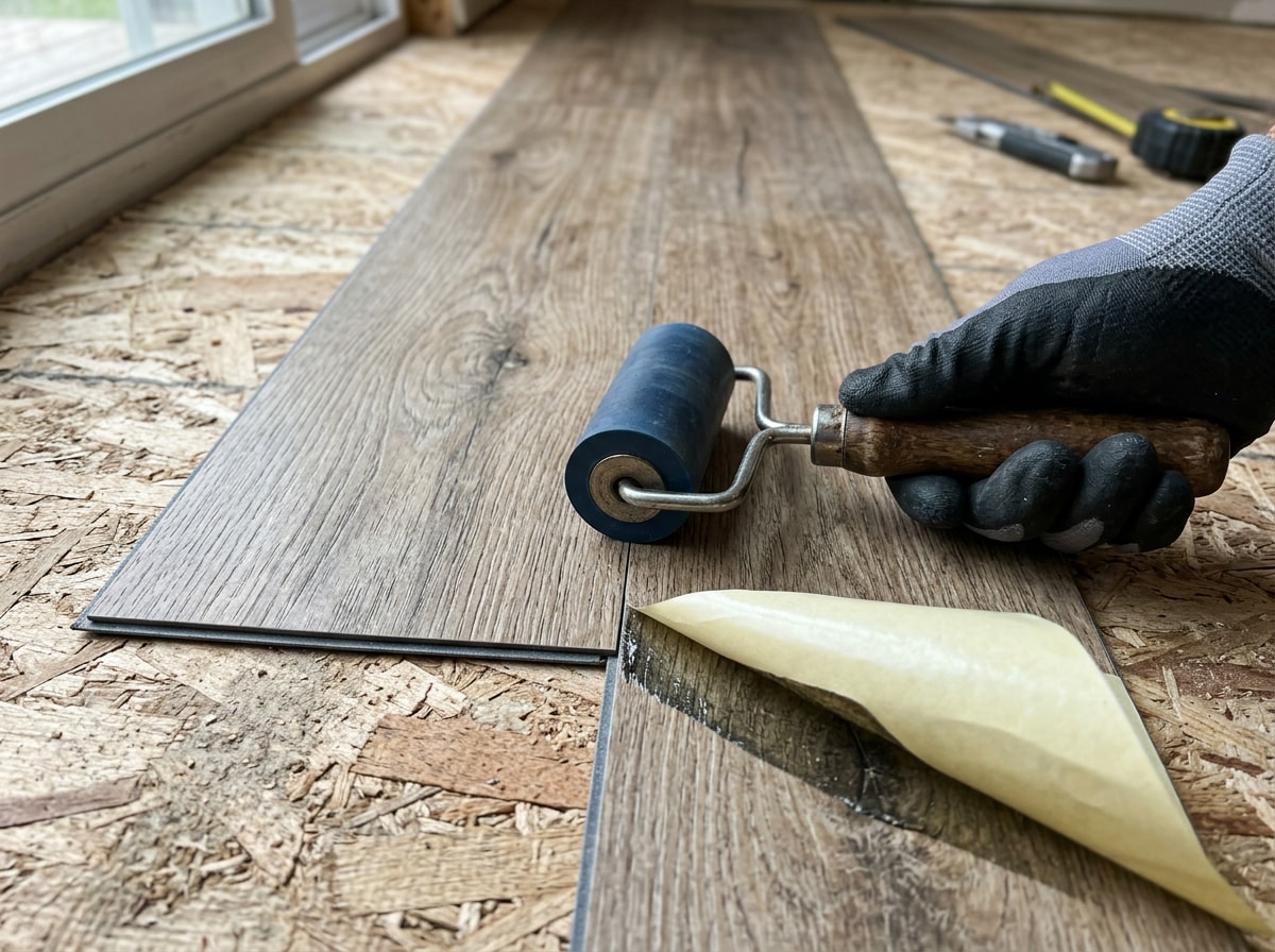 Hand pressing adhesive strip on GripStrip peel-and-stick vinyl plank flooring