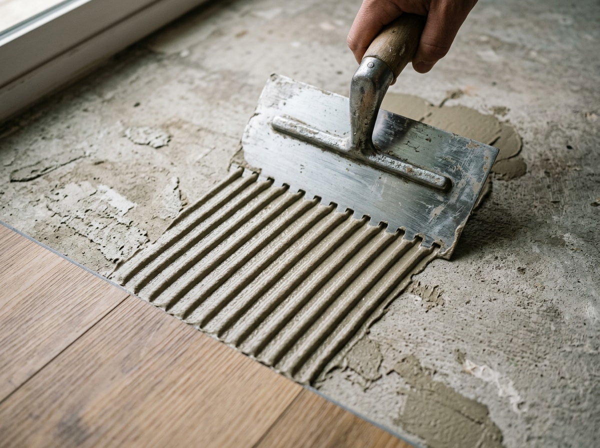 Notched trowel spreading adhesive for glue-down vinyl plank flooring installation