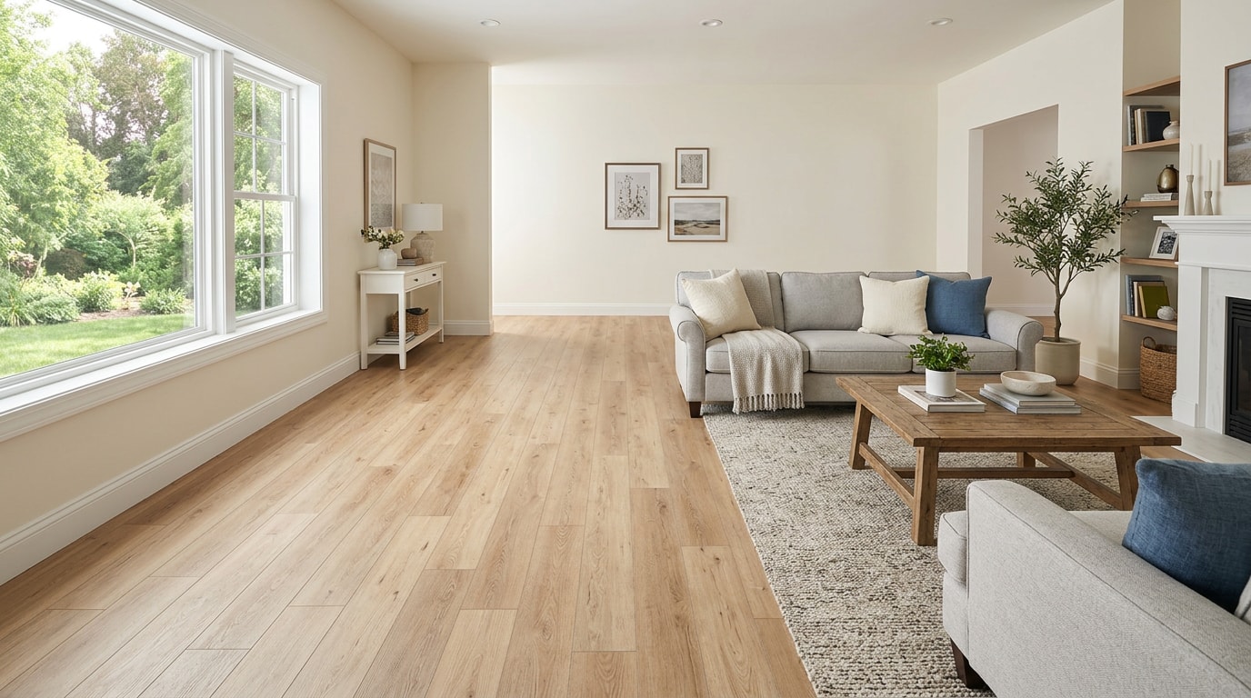 Finished vinyl plank flooring installed in a bright living room Finished vinyl plank flooring installed in a bright living room