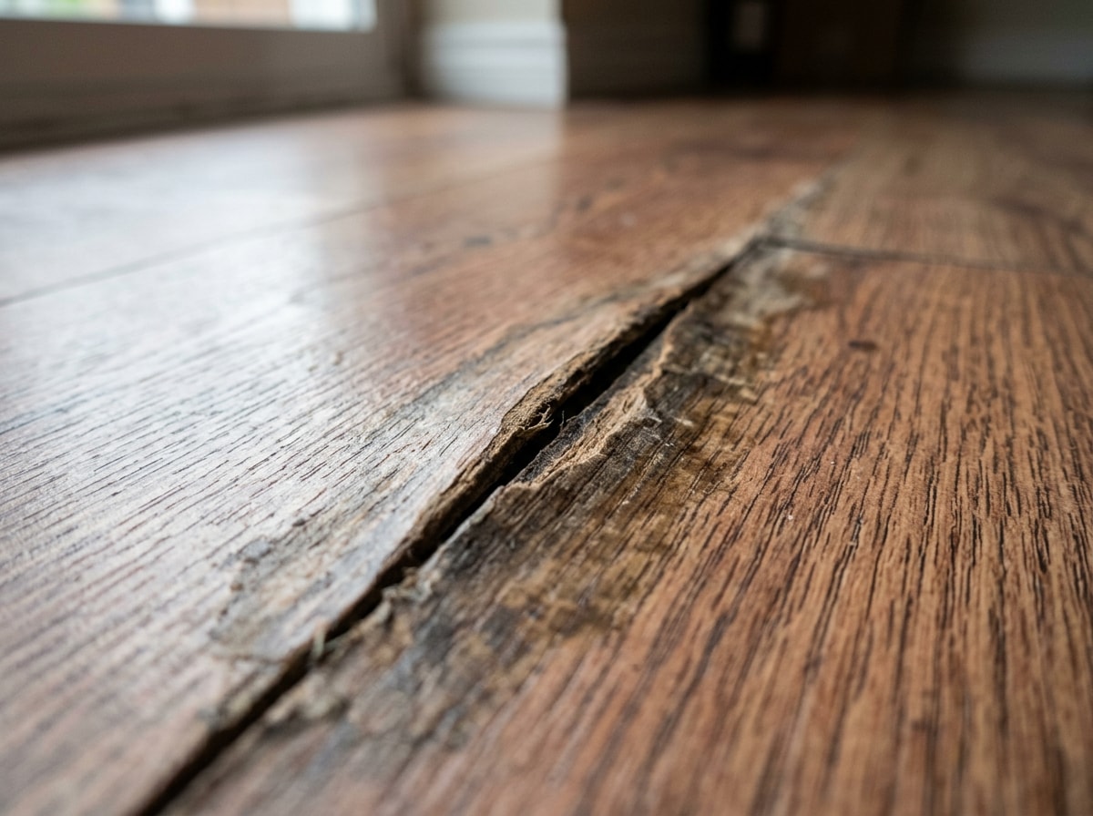 Close-up of a swollen and buckled laminate plank showing water damage