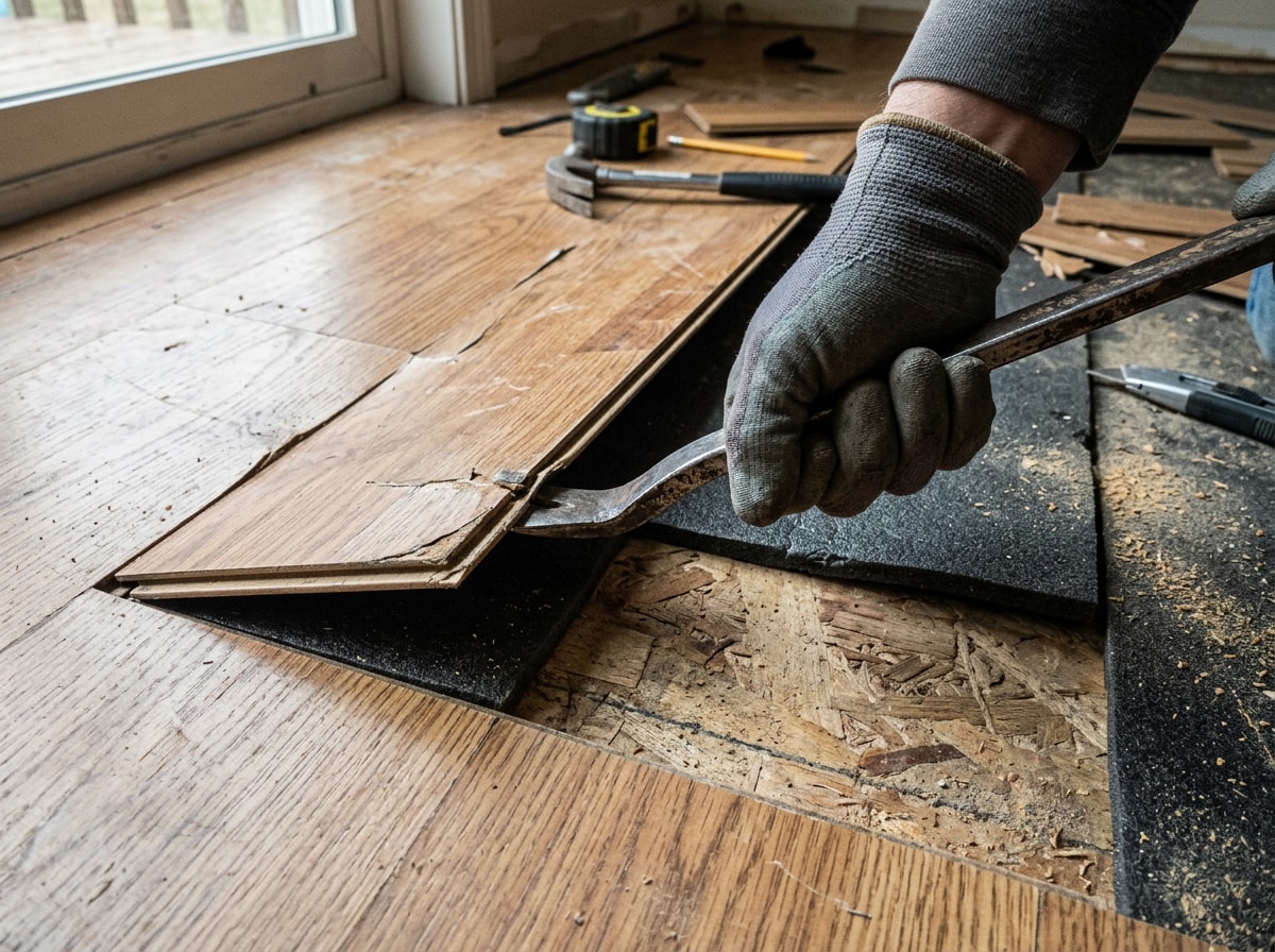 Hand prying up a damaged laminate plank along its click-lock edge during repair