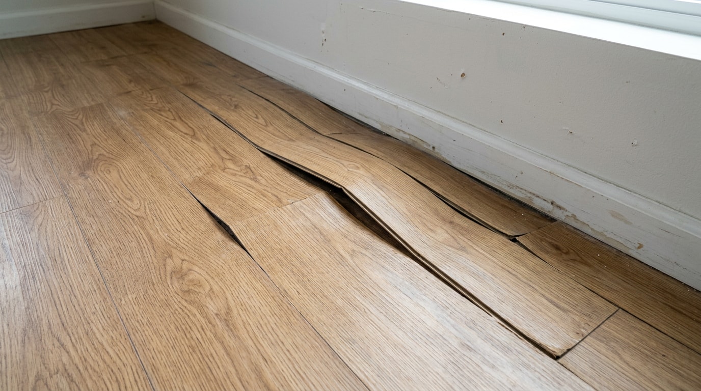 Water-damaged laminate flooring with swollen and buckled planks in a Bartlett, IL home