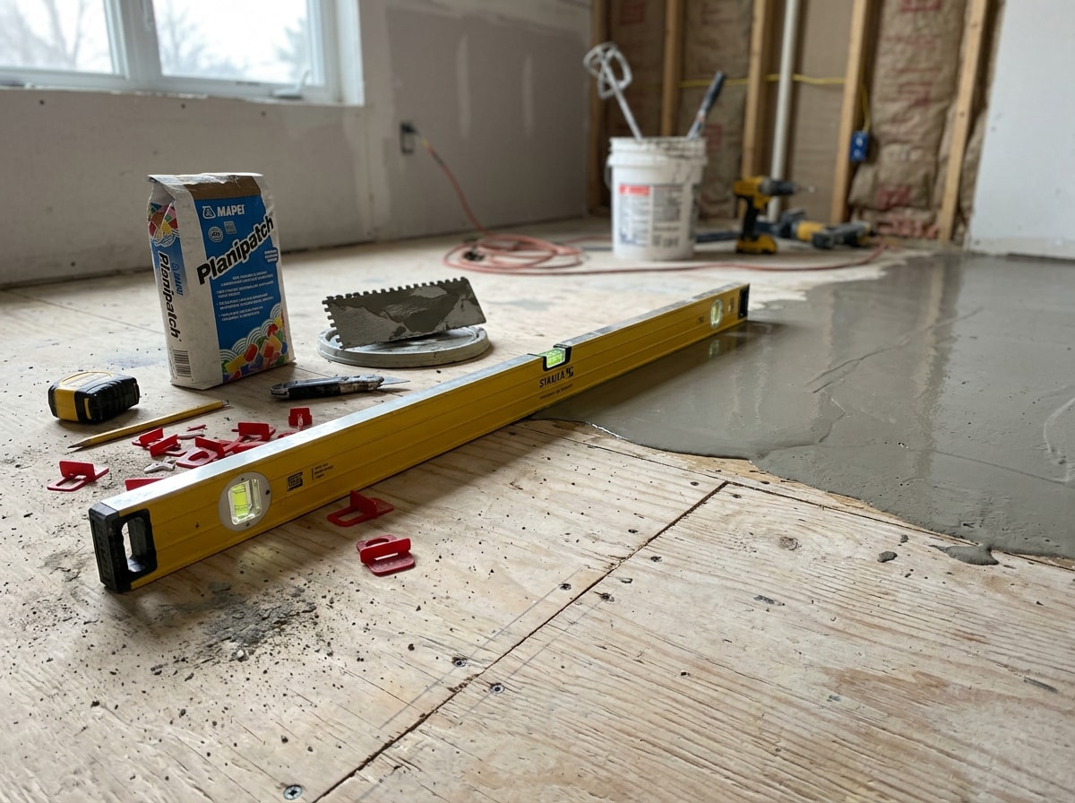 Hardwood flooring installer leveling a subfloor before installation in a Hanover Park home