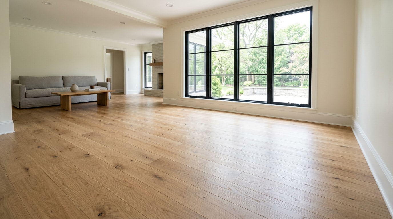 Freshly installed hardwood flooring in a Hanover Park, IL living room