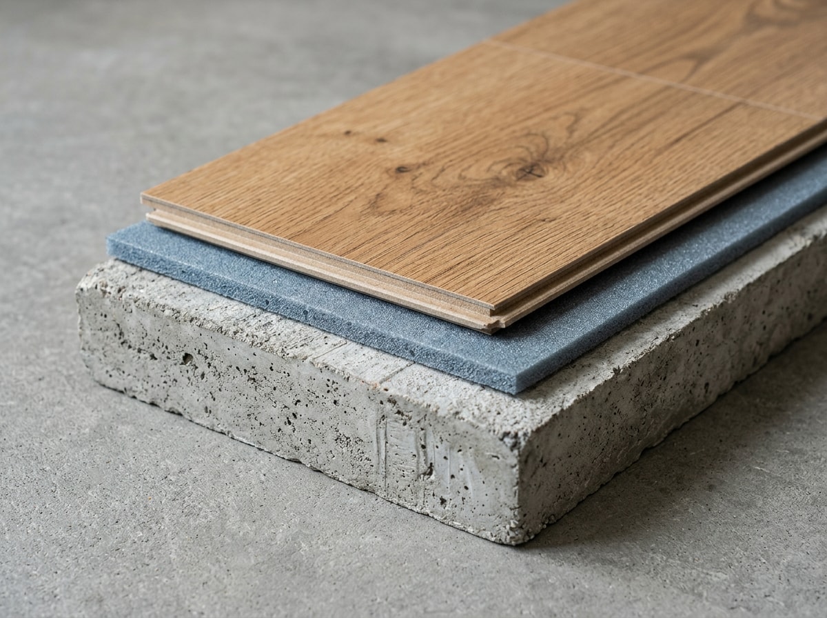 Cross-section of subfloor, underlayment, and vinyl plank flooring layers