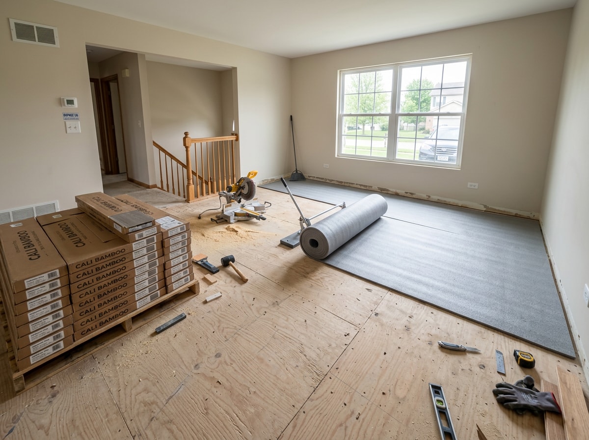 Installer rolling out underlayment before laying vinyl plank flooring