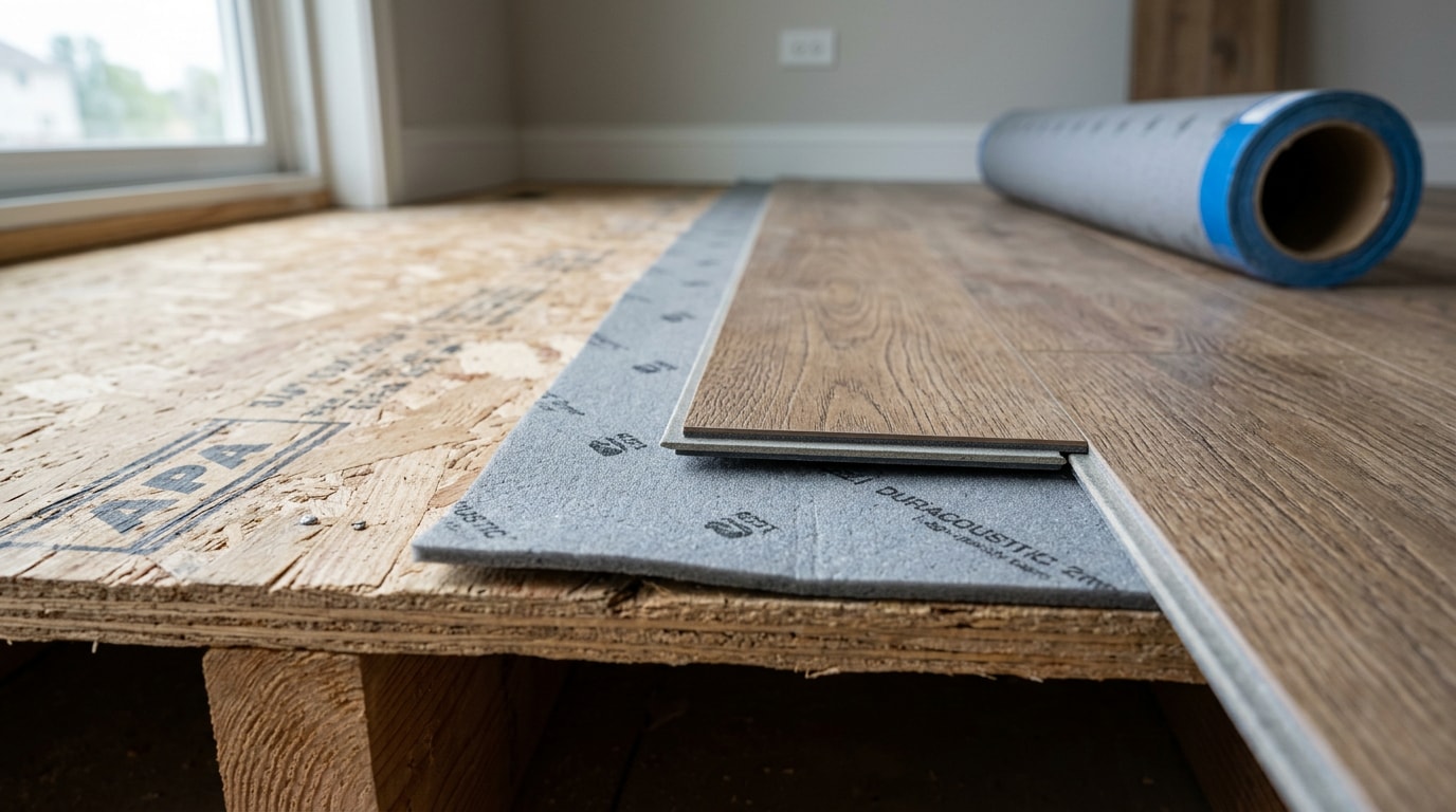 Vinyl plank flooring installed over underlayment and plywood subfloor in a DuPage County, IL home Vinyl plank flooring installed over underlayment and plywood subfloor in a DuPage County, IL home