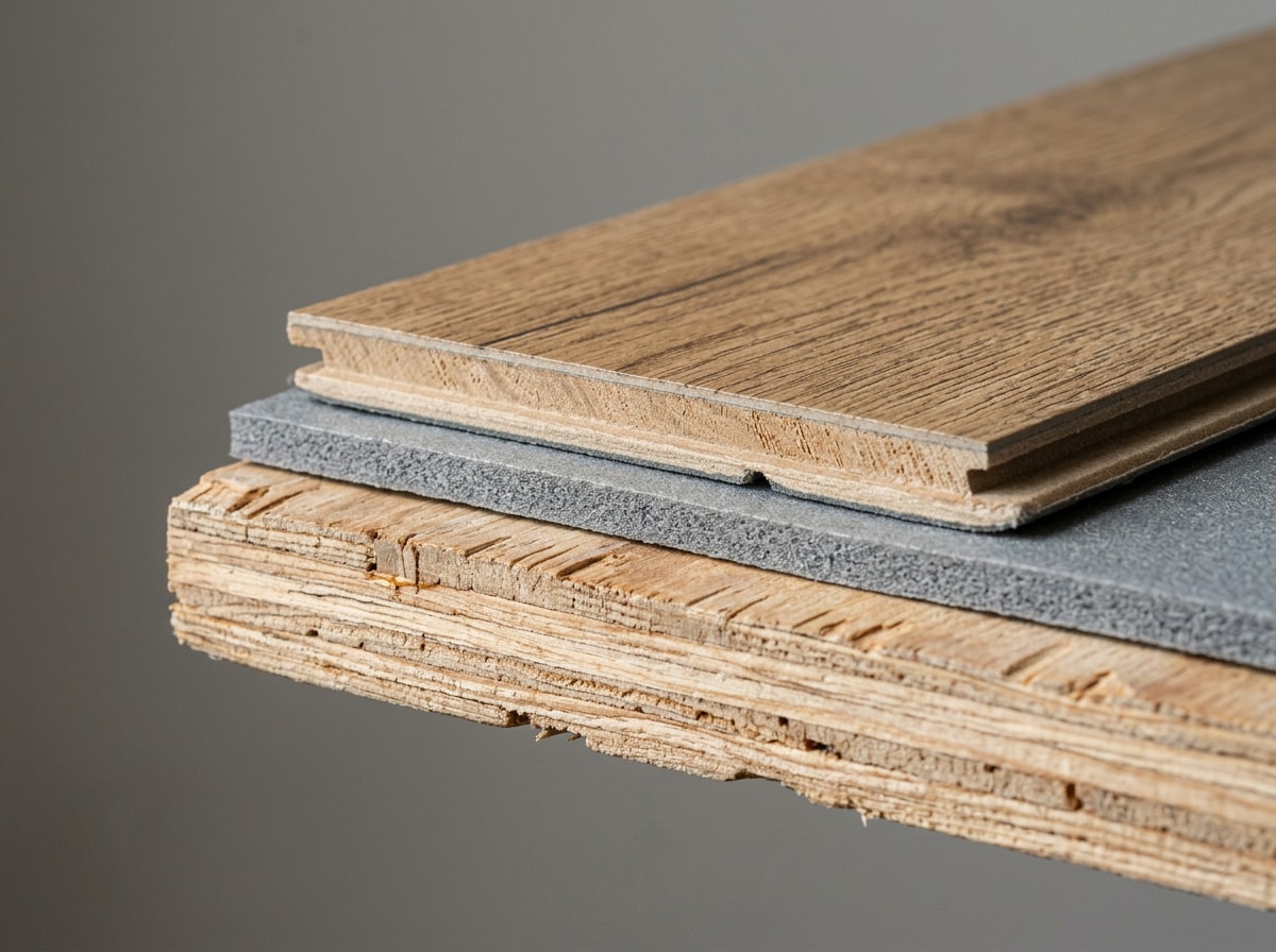 Cross-section diagram showing plywood subfloor, foam underlayment layer, and vinyl plank flooring stacked together