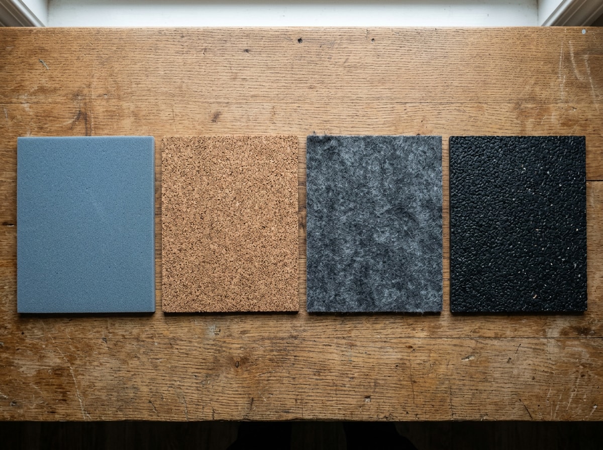 Side-by-side comparison of foam, cork, felt, and rubber underlayment samples laid out for vinyl flooring