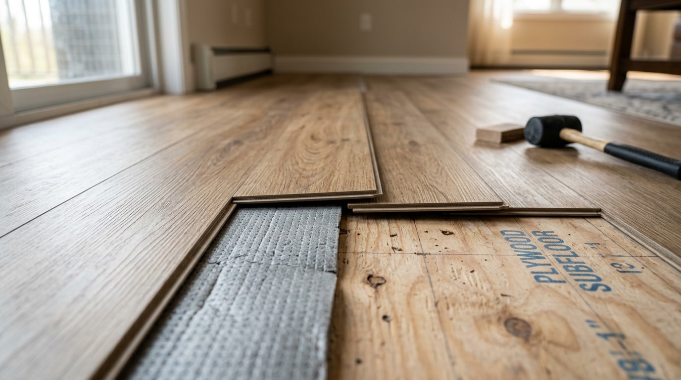 Luxury vinyl plank partially installed over plywood subfloor showing underlayment layer underneath Luxury vinyl plank partially installed over plywood subfloor showing underlayment layer underneath