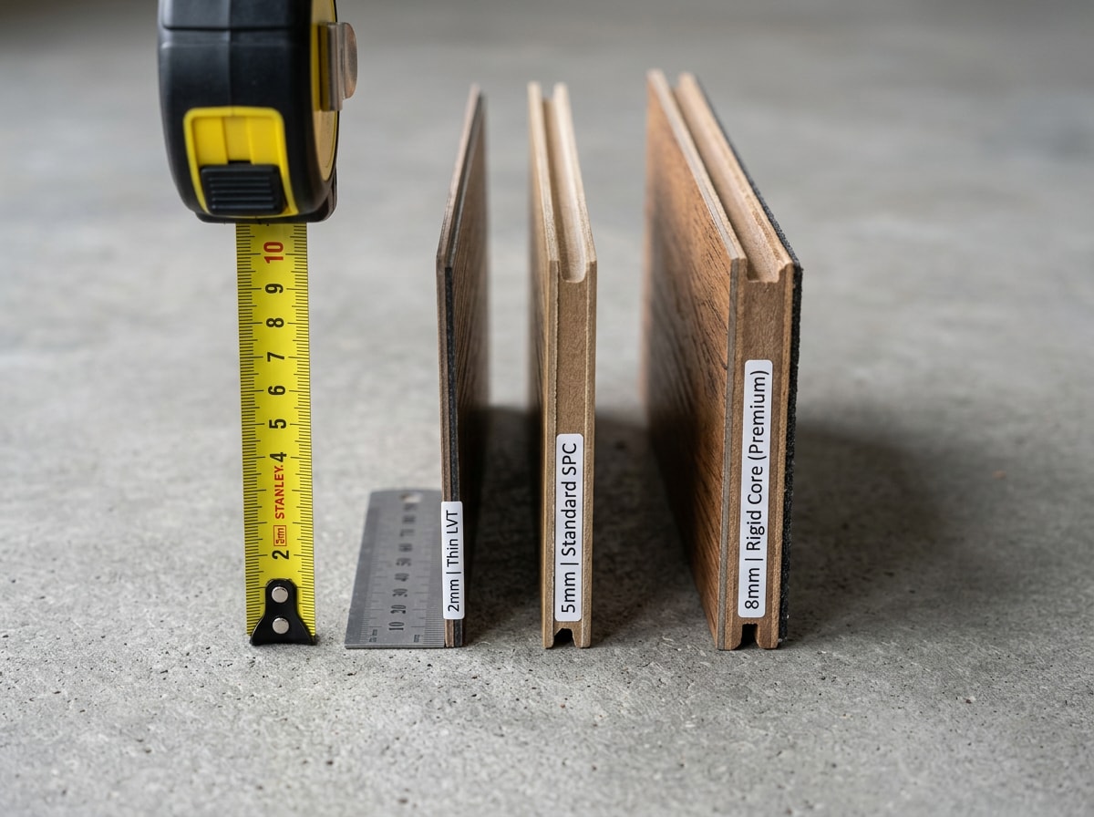 Side-by-side cross section of vinyl plank flooring at 2mm, 5mm, and 8mm total thickness